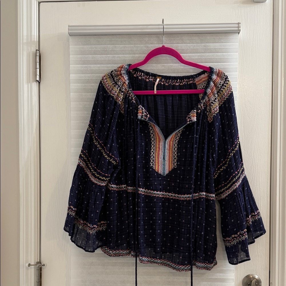 Free People Navy Babydoll Crochet Y2K Pheasant Bell Sleeve fairy Oversized Small